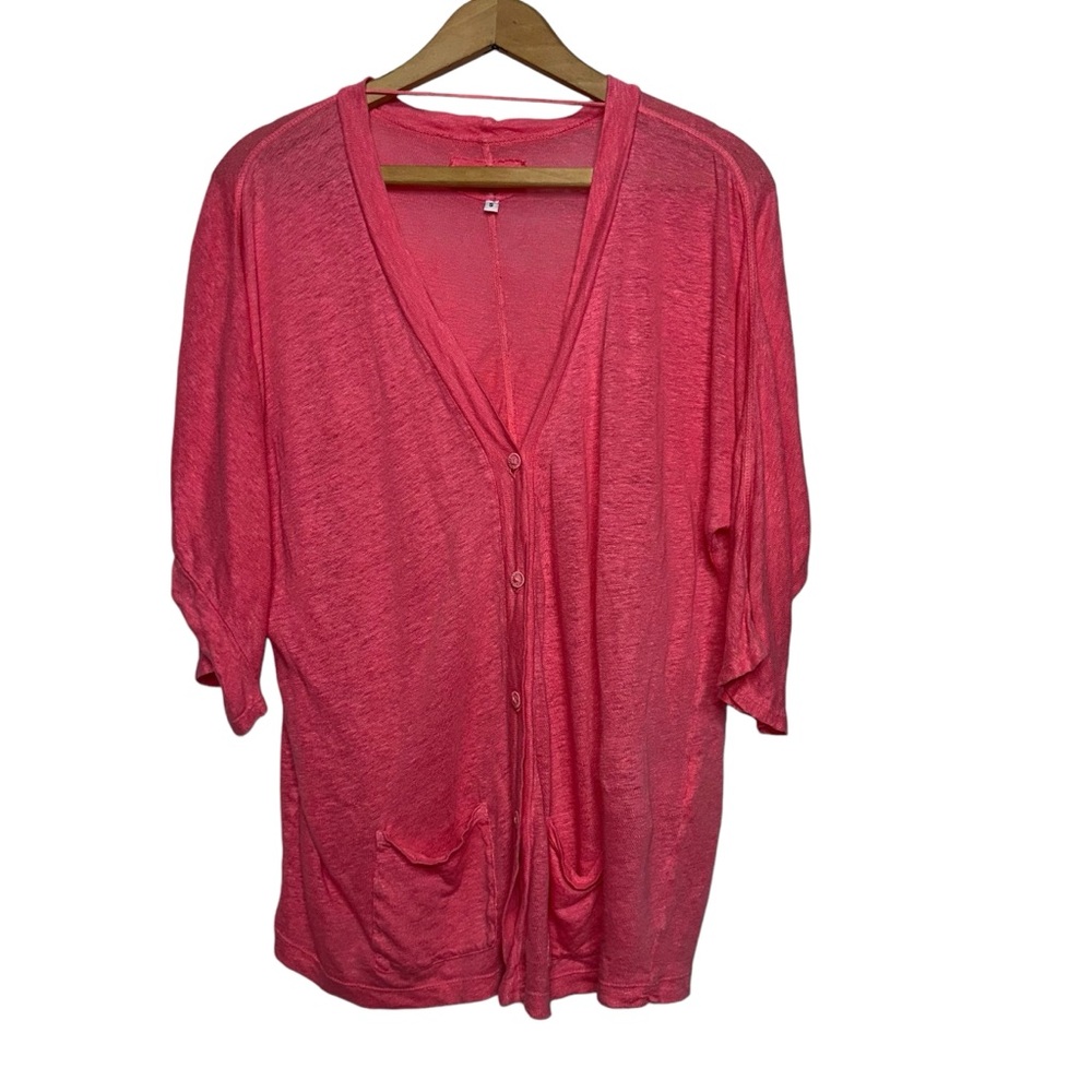 PETE & GRETA pink linen slub open front elbow sleeve lightweight cardigan